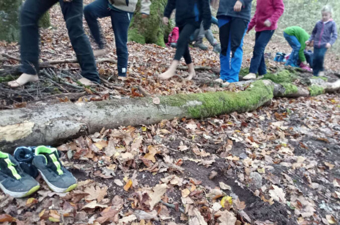 Test des selbstgebauten Barfußpfads: Junior-Rangerinnen und Ranger im Pfälzerwald (Foto: Lena Reinhard)