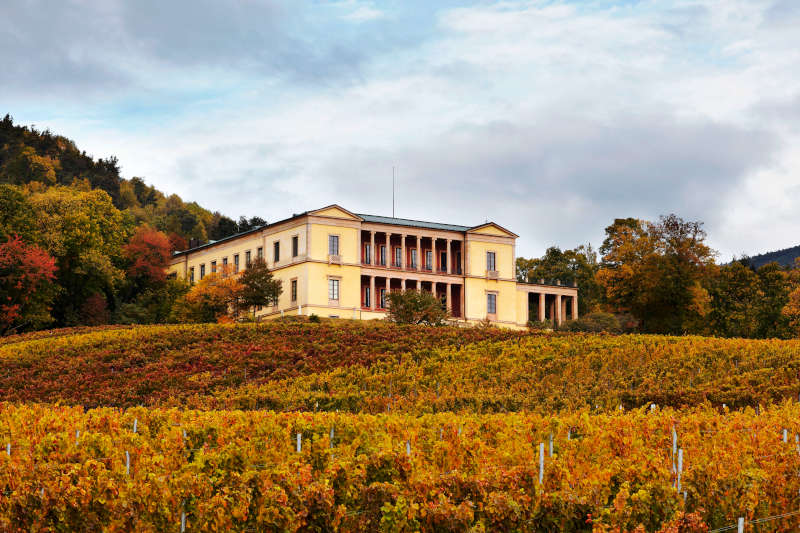 Die klassizistische Villa erhebt sich auf einer Anhöhe bei Edenkoben. Von 1846 bis 1852 ließ Ludwig I. sie nach Plänen von Friedrich von Gärtner als Sommerresidenz bauen. (Bildnachweis: GDKE Rheinland-Pfalz / Pfeuffer)