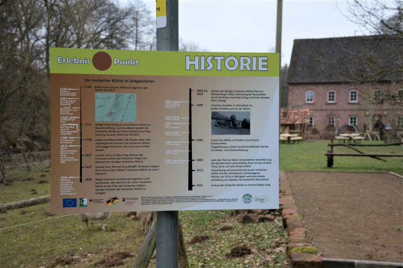 Horbacher Mühle - Schild Historie Timeline (Foto: LAG Pfälzerwald plus)