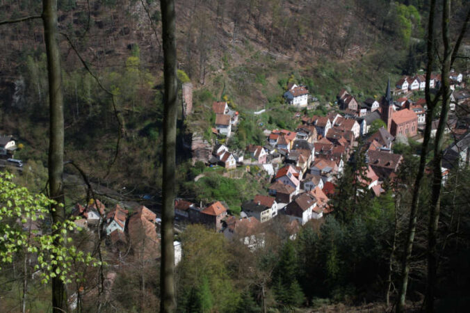 Elmstein mit seiner Burgruine und zwischen den beiden Baumstämmen links den Mühlenweiler mit der Wappenschmiede am "Dumlerfelsen" (Foto: Benno Münch)