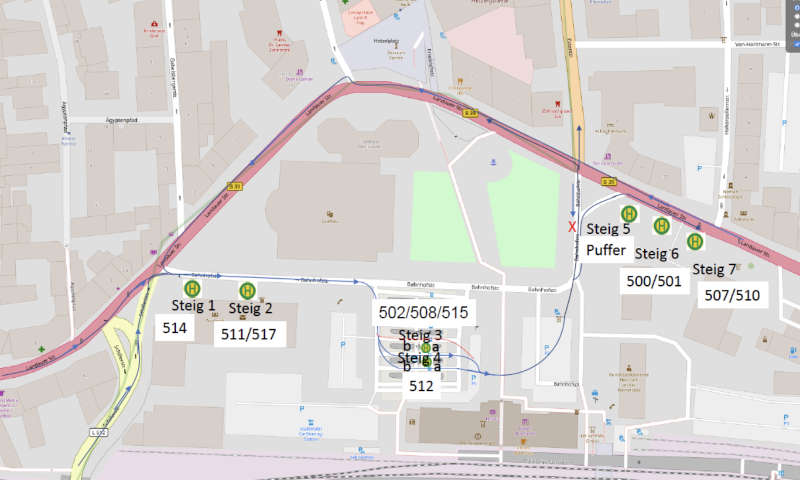 Abwicklung des Busverkehrs während des ersten und zweiten Bauabschnitts (Grafik: Stadtverwaltung Neustadt)