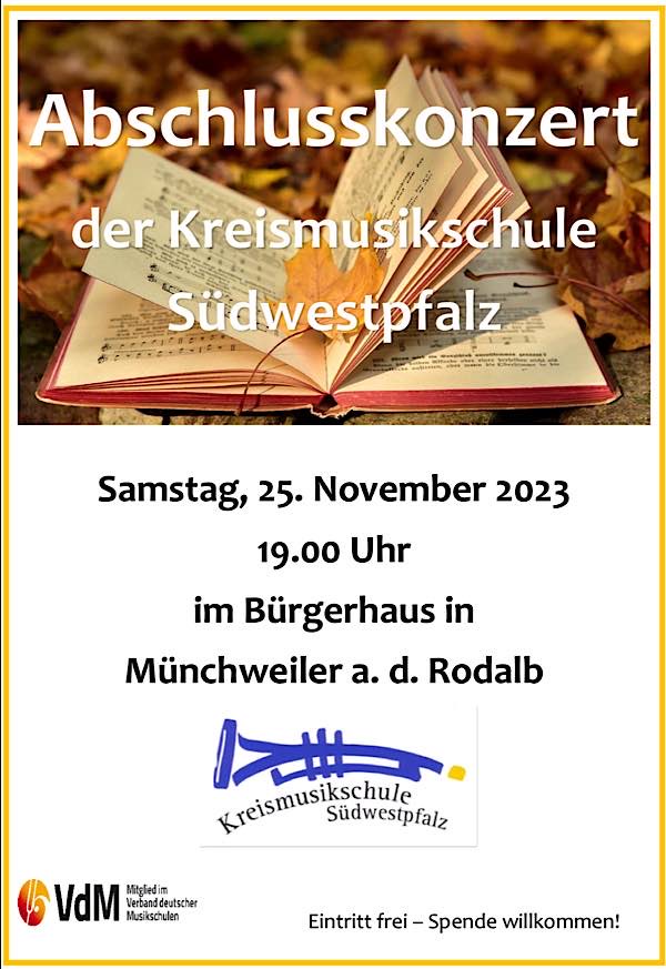 Jahresabschlusskonzert der Kreismusikschule Südwestpfalz am 25. November 2023 in Münchweiler ein