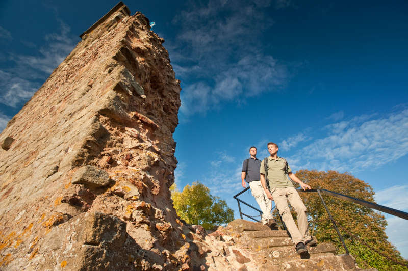 Wanderer auf dem Pfälzer Höhenweg (Ruine Moschellandsburg) (Foto: Dominik Ketz / Rheinland-Pfalz Tourismus GmbH)