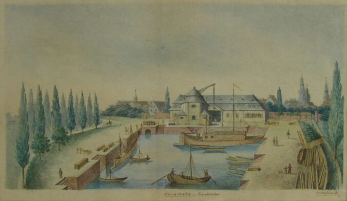 Seebacher Kanalhafen in Frankenthal, Aquarell Ende 19. Jh. (Bildnachweis: Erkenbert-Museum)