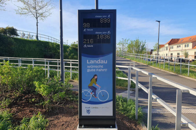 as neue Zählgerät an der LGS-Brücke in Landau zählt Fußgängerinnen und Fußgänger sowie Radfahrerinnen und Radfahrer. (Quelle: Stadt Landau)