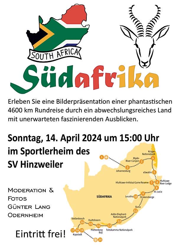 Bildervortrag “Eine Rundreise durch Südafrika“ am 14. April 2024 in Hinzweiler