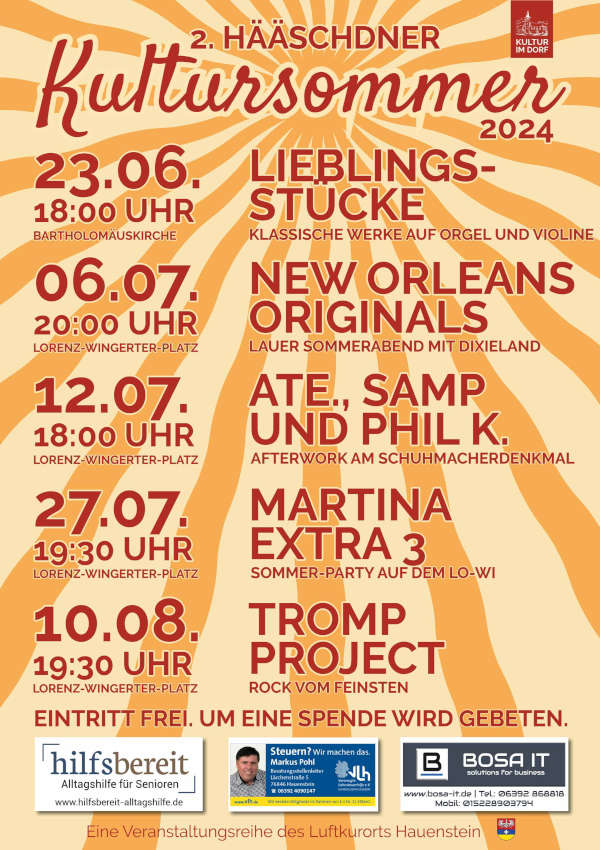 2. Hääschdner Kultursommer - fünf Veranstaltungen von Juni bis August 2024