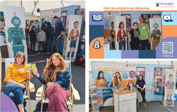 Eindrücke am Stand des Landesbibliothekszentrums beim RLP-Tag 2025 in Neustadt/Weinstr. im Themenfeld „Zusammen sind wir Zukunft – Fachkräfte für Rheinland-Pfalz“. (Fotos: LBZ)