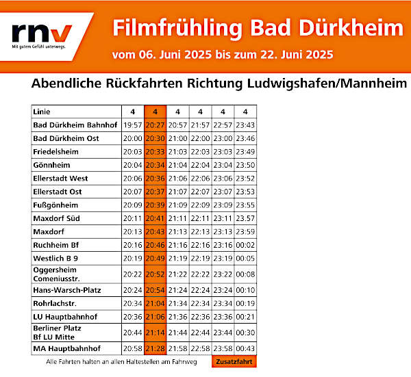 Fahrplanauszug (Quelle: RNV)