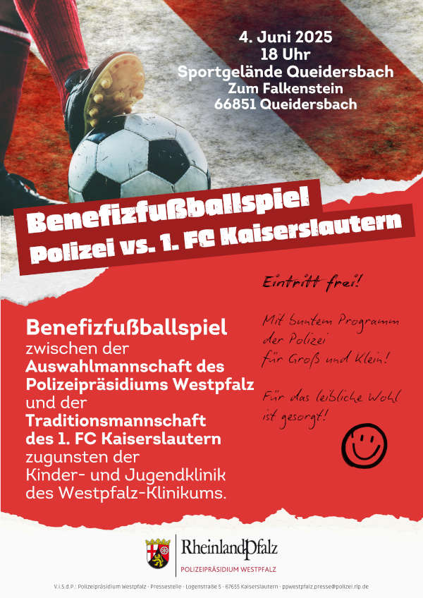 Benefizfußballspiel im Juni 2025 in Queidersbach - Polizei-Auswahl trifft auf Traditionsmannschaft des 1. FC Kaiserslautern