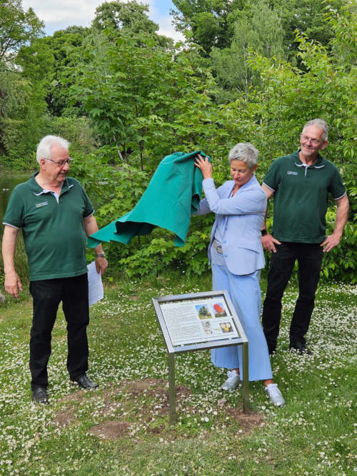 Die Oberbürgermeisterin enthüllte das eigens gestaltete Hinweisschild. Links der musikalische Leiter der Aschbachthaler, Günther Degen, rechts Markus Müller, 1. Vorsitzender der Kreisgruppe Kaiserslautern. (Foto: Stadt Kaiserslautern)