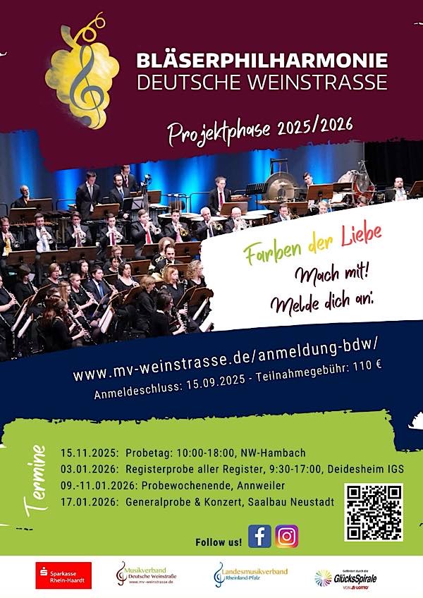 Anmeldephase Bläserphilharmonie Deutsche Weinstrasse für Projekt 2025/26 gestartet