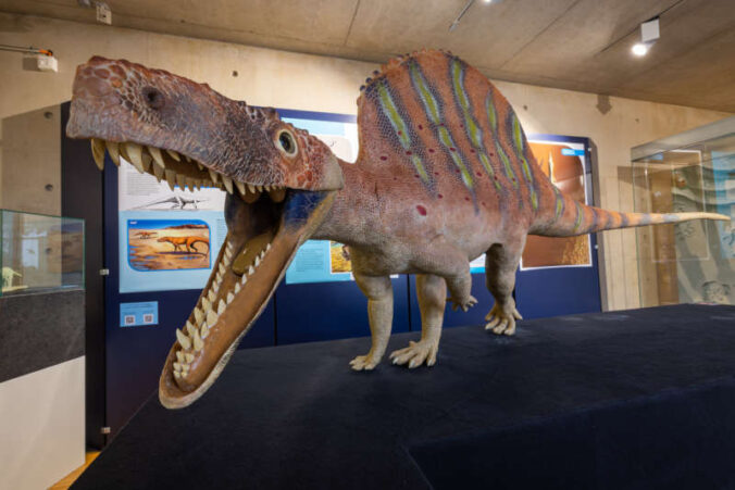 Lebensgroße Modelle urzeitlicher Tiere gibt es im Urweltmusum Geoskop auf Burg Lichtenberg in der Pfalz. (Foto: Heimatlichter GmbH / Pfalz Touristik e.V. (CC BY 4.0 https://creativecommons.org/licenses/by/4.0/deed.en)