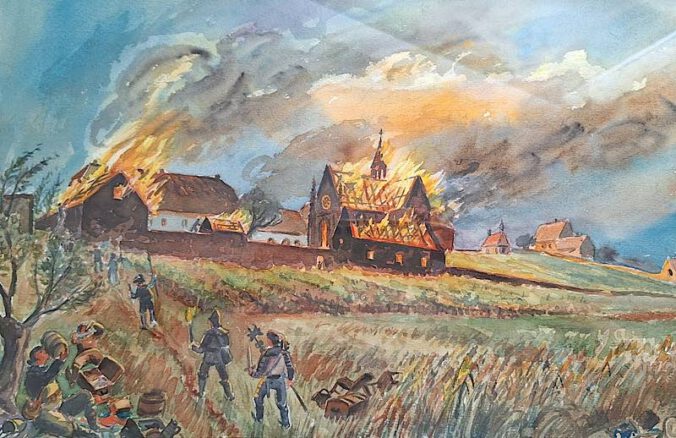 Fritz Lederle (Edenkobener Heimatmaler): Brand des Klosters Heilsbruck im Mai 1525 - das Original hängt im Museum für Weinbau und Stadtgeschichte