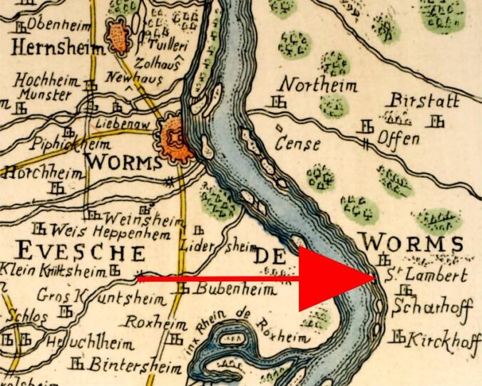 Ausschnitt aus einer Karte um 1750: bei Worms, rechtsrheinisch „St. Lambert Scharhoff“ = Schafhof (den Schreibfehler möge man dem französischen Kartenstecher nachsehen)