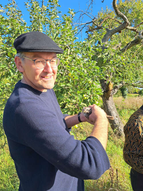 Erster Kreisbeigeordneter Georg Kern mit einem jungen Steinkauz in der Hand, kurz vor der Auswilderung des Vogels. (Foto: WWP)