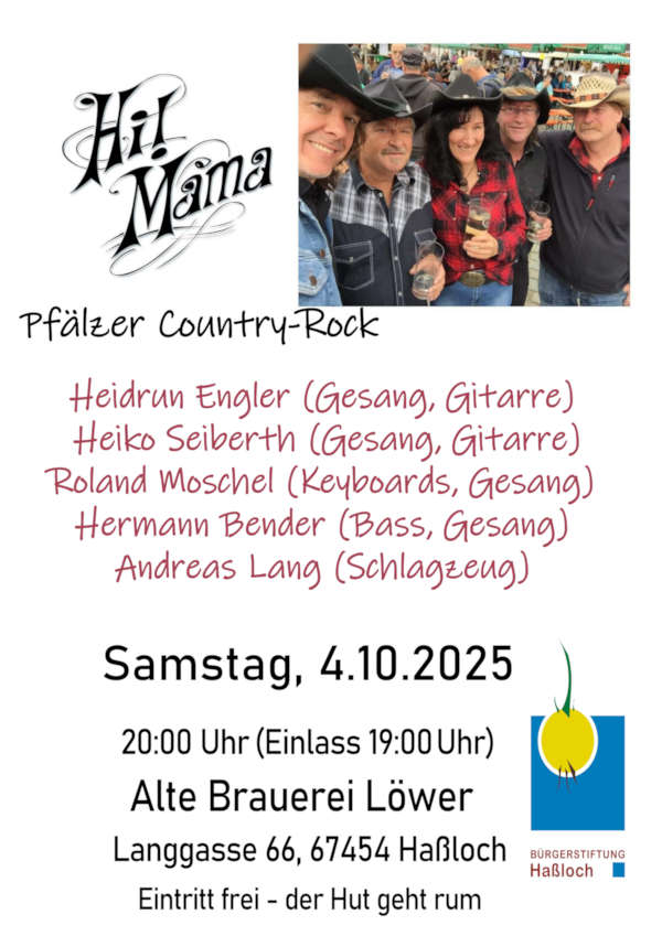 Konzert mit der Country-Rock-Band Hi! Mama im Oktober 2025 in Haßloch