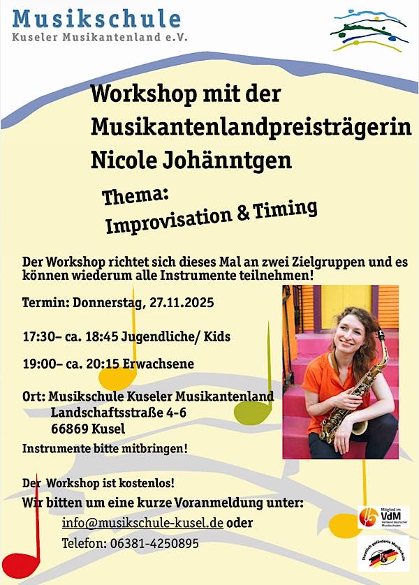 Workshop mit Nicole Johänntgen - Thema: IMPROVISATION & TIMING am 27.11.25 in der Musikschule Kuseler Musikantenland1^