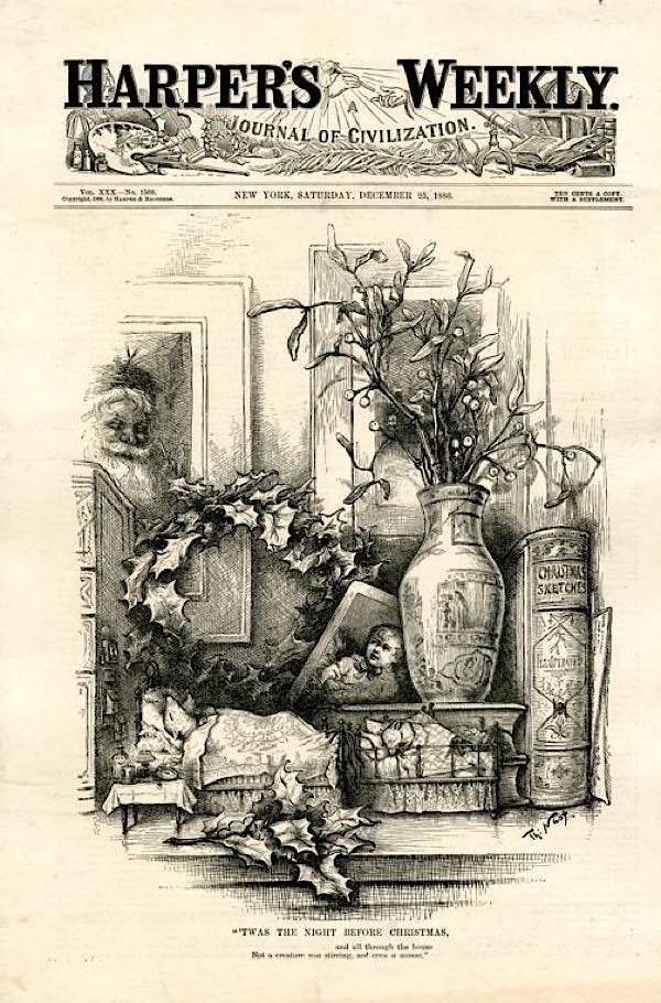 Thomas Nast: „‘Twas The Night Before Christmas, and all through the house Not a creature was stirring, not even a mouse.“ Aus: Harpers Weekly, Nr. 1566, 25.12.1886, Seite 837. Abb.: LBZ / dilibri (CC-BY-NC-SA) https://www.dilibri.de/rlb/content/titleinfo/1834815