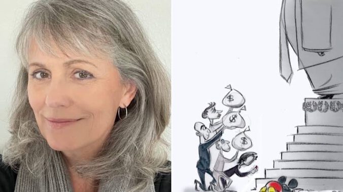 Preisträgerin Ann Telnaes und ein Ausschnitt ihrer Karikatur, die die Washington Post nicht veröffentlichen wollte. (Quelle: Ann Telnaes)