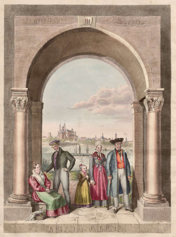 Zeitgenössische Darstellung, im Hintergrund der Dom zu Speyer; J. P. Walther, Rhein-Kreis, 1834, alt-kolorierte Radierung, aus: Das Königreich Bayern in seinen acht Kreisen bildlich und statistisch-topographisch sowie in acht historisch-geographischen Specialkarten. Nürnberg: Johann Thomas Schubert, 1836. (Bildquelle: www.digitale-sammlungen.de/de/details/bsb00133590; CC0 1.0-Lizenz)