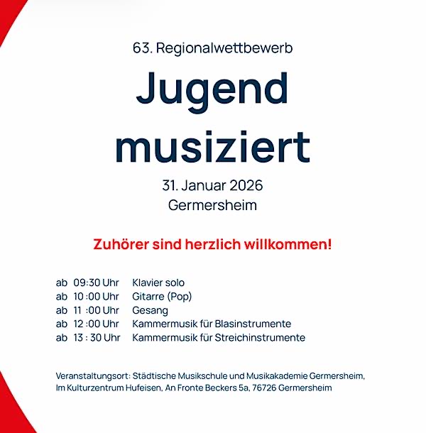 63. Regionalwettbewerb von Jugend musiziert im Januar 2026 in Germersheim