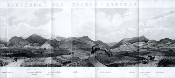 George Cooke Lambert: Panorama des Haardtgebirgs, Stahlstich aus Bruckner, Das Haardtgebirge und seine Umgebungen, Neustadt a. d. H. [1847]. (Bildrechte: Maria Männig)