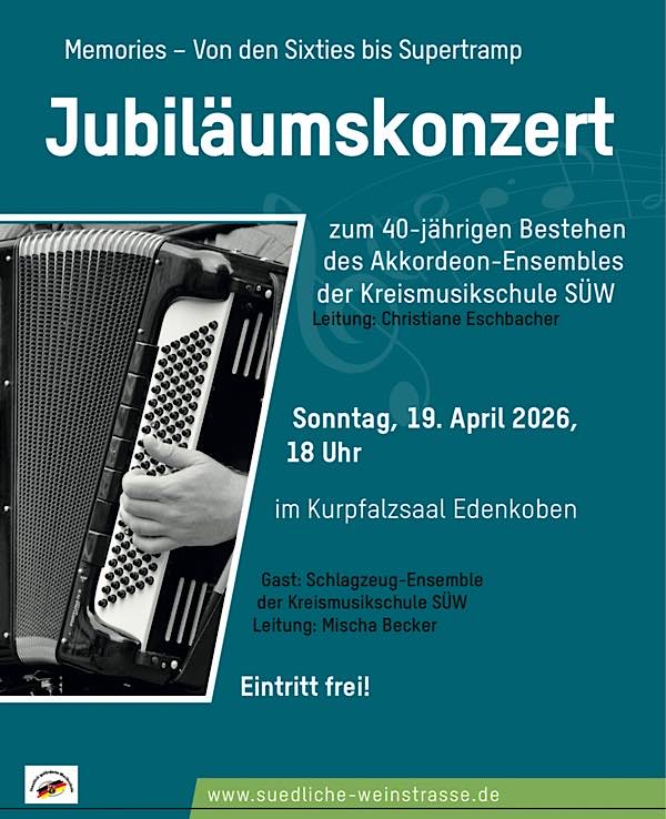 Jubiläumskonzert des Akkordeon-Ensembles der Kreismusikschule SÜW im April 2026 in Edenkoben