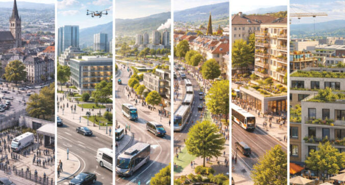 Die Plakatausstellung visualisiert mittels KI, die Zukunftsvisionen von Parteien, wenn es um die Stadtgestaltung geht/ Klimalautern (KI-generiert)