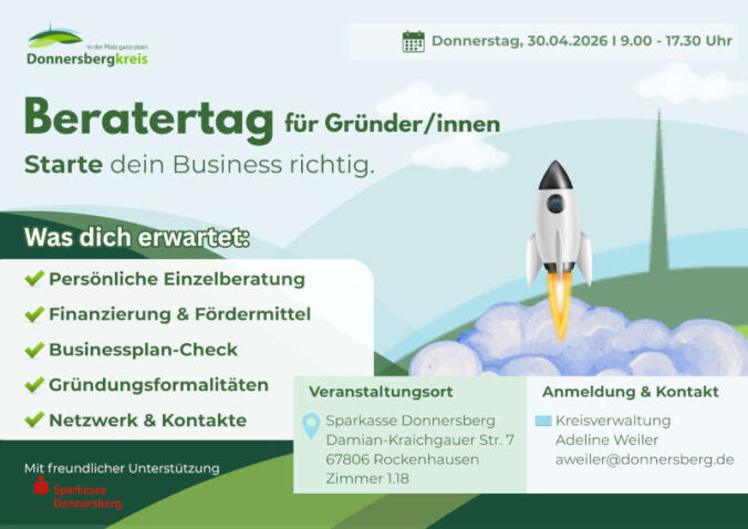 Beratertag für Gründerinnen und Gründer im April 2026 in Rockenhausen