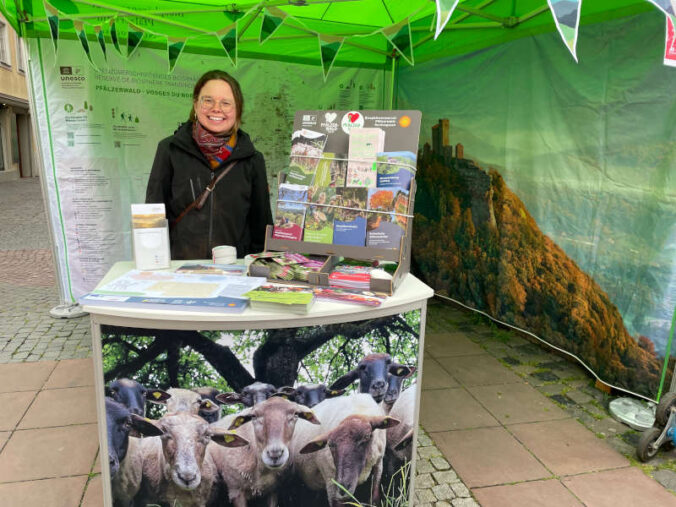 Auch das Biosphärenreservat ist mit einem Info-Stand auf dem Schillerplatz in Kaiserslautern vertreten. (Foto: Biosphärenreservat/Franziska Keller)