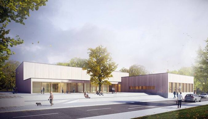 Auf dem Vorplatz zur neuen Zweifeldhalle in der Turnstraße soll ein Kunstwerk entstehen, das die Blicke auf sich zieht und zur Identität der Sportstätte beiträgt. (Projektskizze: Stadt Pirmasens / Walter Huber Architekten)