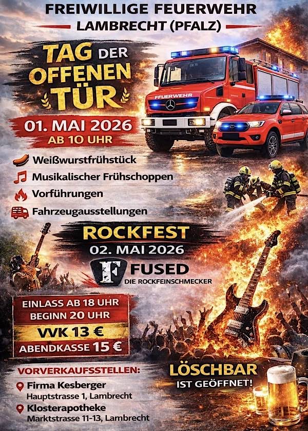 Tag der offenen Tür und Rockfest im Mai 2026 bei der Feuerwehr Lambrecht