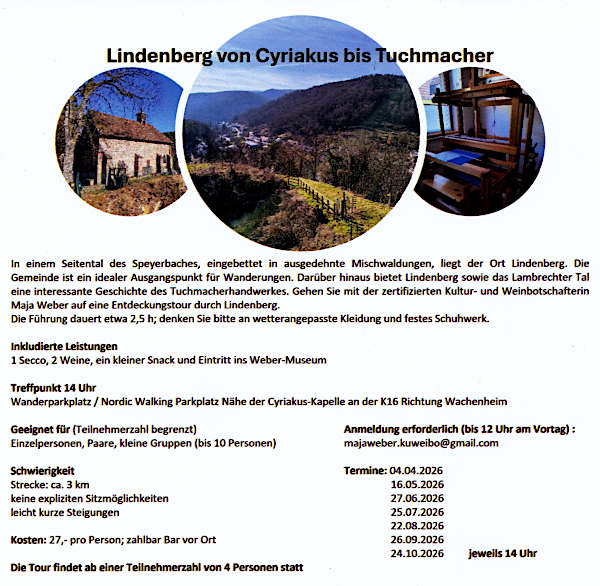 „Lindenberg von Cyriakus bis Tuchmacher“ – Entdeckungstouren von April bis Oktober 2026