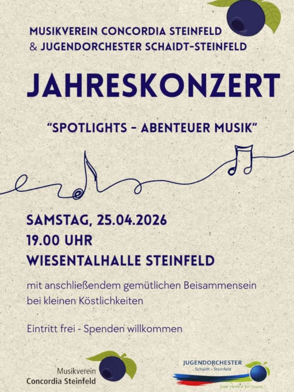 Jahreskonzert Musikverein Concordia Steinfeld und Jugendorchester Schaidt-Steinfeld im April 2026
