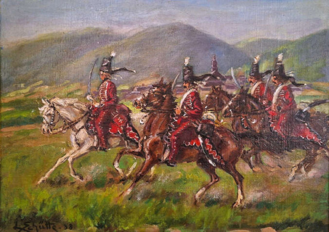 Ludwig Schütte: „Blücherhusaren bei Edenkoben“ ; Original im Museum für Weinbau und Stadtgeschichte, Edenkoben