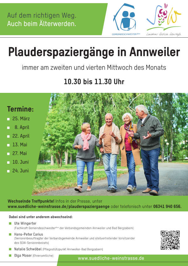Plauderspaziergänge für Senioren von März bis Juni 2026 in Annweiler