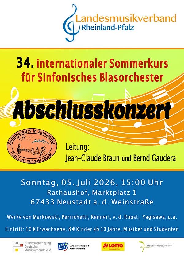 Projektorchester des Landesmusikverbands Rheinland-Pfalz unter Leitung von Jean- Claude Braun – Abschlusskonzert im Juli 2026 in Neustadt an der Weinstraße