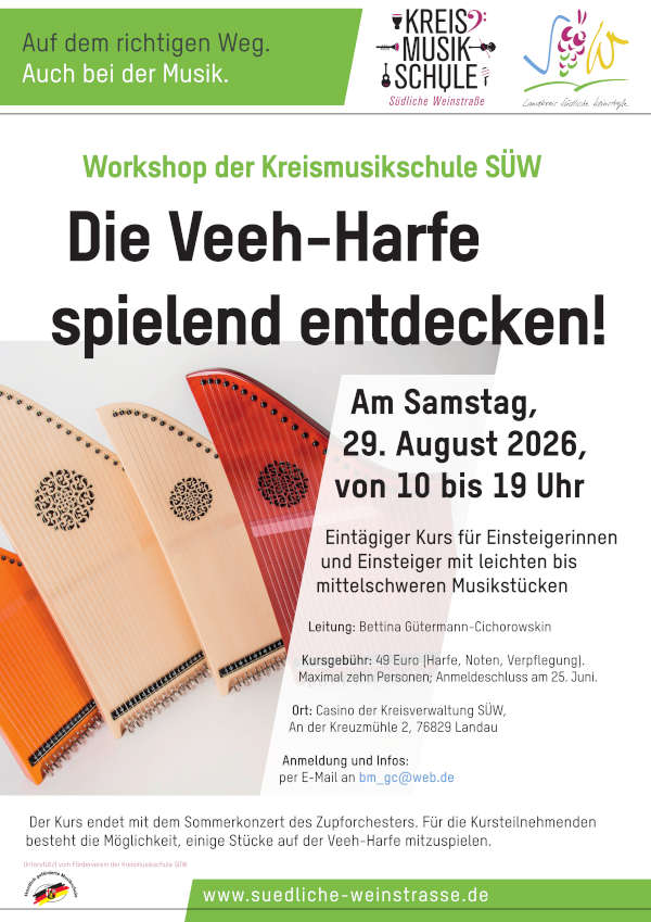 Tageskurs "Die Veeh-Harfe spielend entdecken" der Kreismusikschule Südliche Weinstraße im August 2026 in Landau