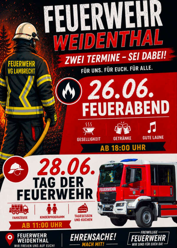 Feuerabend und Tag der offenen Tür der Feuerwehr Weidenthal im Juni 2026