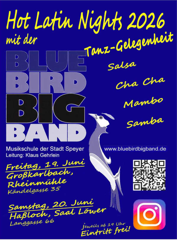 Hot Latin Nights mit der BlueBirdBigBand im Juni 2026 in Großkarlbach und Haßloch