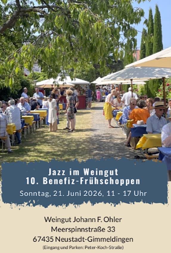 10. Benefiz-Frühschoppen „Jazz im Weingut“ im Juni 2026 in Gimmeldingen