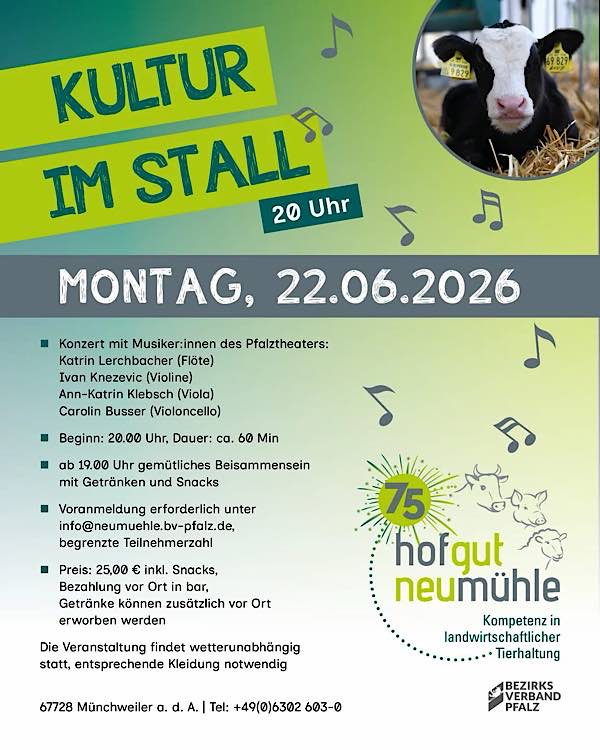 „Kultur im Stall - Musik trifft Landwirtschaft“ im Juni 2026 im Hofgut Neumühle