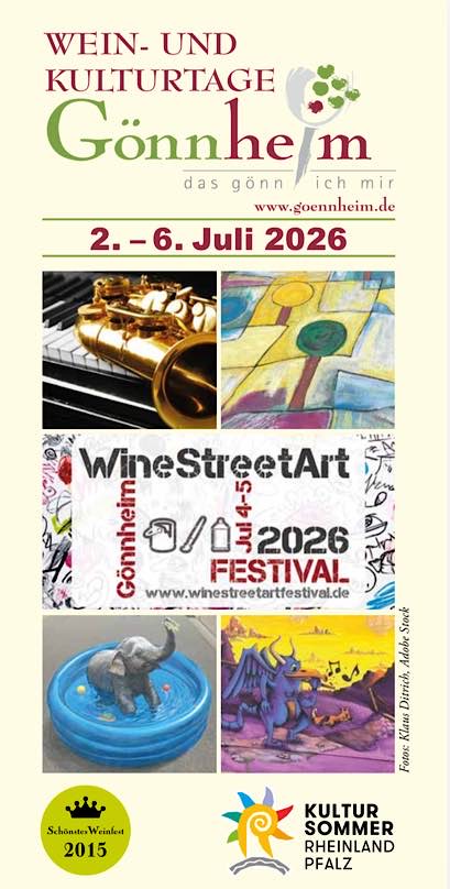 51. Gönnheimer Wein- und Kulturtage, 10. Int. WineStreetArt-Festival und 4. Pfälzer Comic-Salon im Juli 2026