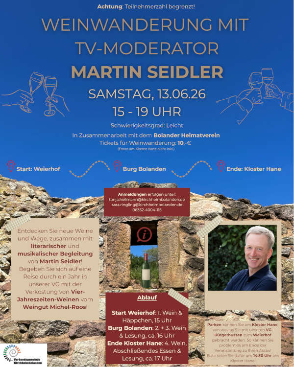 Literarisch-musikalische Genusswanderung mit TV-Moderator Martin Seidler im Juni 2026 in der VG Kirchheimbolanden