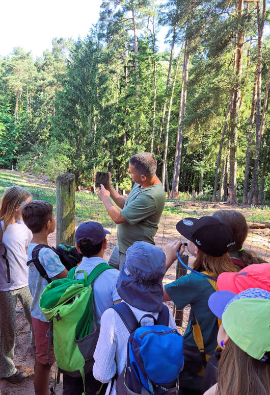 Die Freie Bauernhof-Waldschule Südpfalz in Völkersweiler hat bei einer Mitmachaktion mit einem Informationsschild über Wildschweine einen Rundgang mit Parkranger Daniel Kraus durch den Wild- und Wanderpark bei Silz gewonnen. (Foto: WWP)