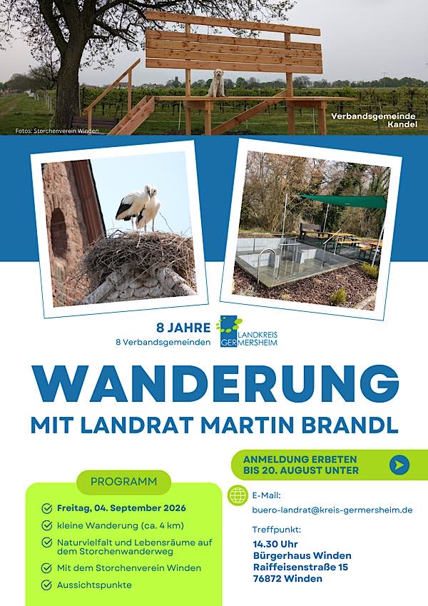 Gemeinsame Wanderung mit Landrat Martin Brandl im September 2026 auf dem Storchenwanderweg in Winden