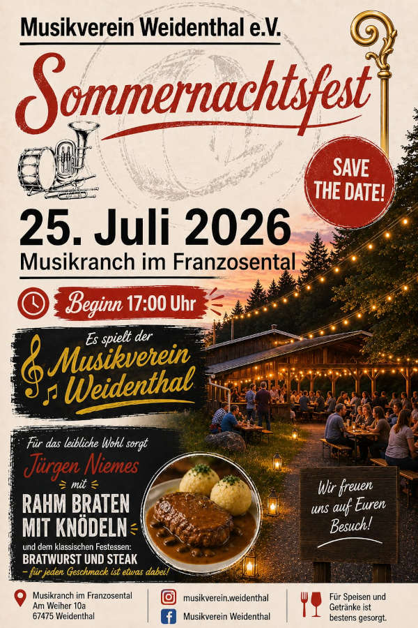 Musikverein Weidenthal lädt im Juli 2026 zum Sommernachtsfest ein