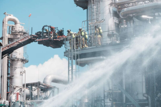 Mithilfe eines Teleskopmasts retten Einsatzkräfte einen verletzten Mitarbeiter aus der Anlage. (Foto: BASF)