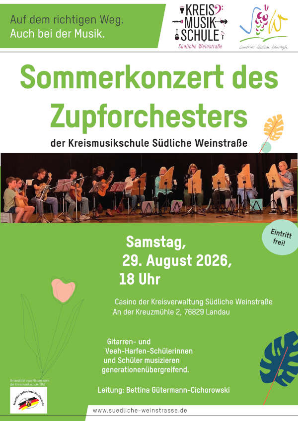 Zupforchester mit Veeh-Harfen lädt im August 2026 zum musikalischen Abend in Landau ein